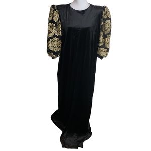 Vtg David Brown Velvet Maxi Dress Sz L Black Gold Lace Puff Sleeve Party Formal